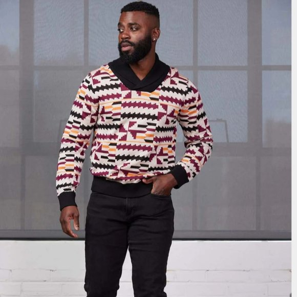 Iferan Men's African Print Sweater (Peach Kente) Large - Picture 3 of 5